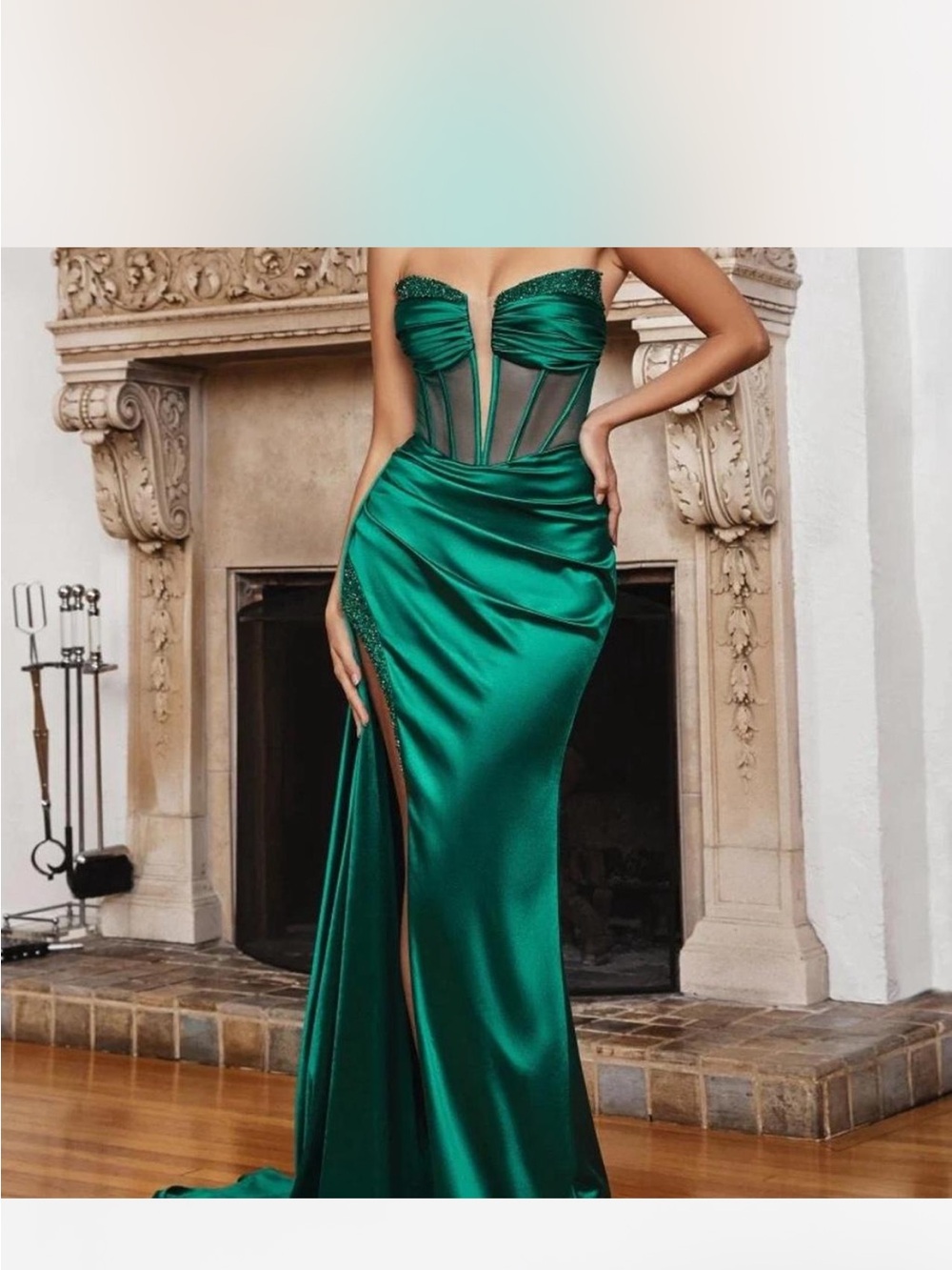 Strapless Emerald Satin Prom Gown with Corset Bodice